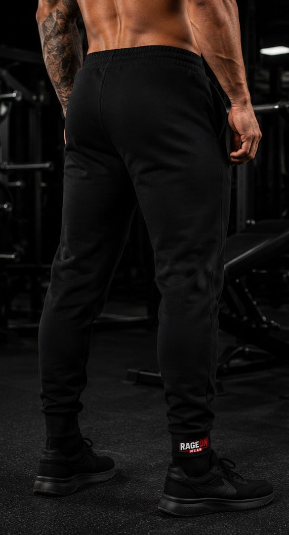 RageOn Athletic Joggers — Performance Black Sweatpants with Bold Side Logo
